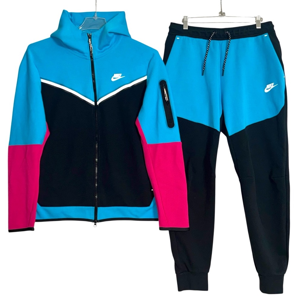 NIKE Tech Fleece Sweatpants Hoodie Set Size M/L South Beach Black/Blue/Fireberry